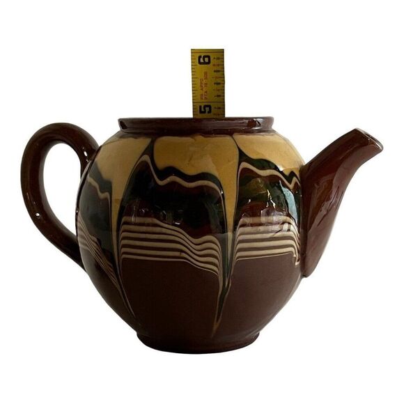 Vintage Redware Teapot Made Bulgaria Flower Fading Brown Yellow Drip Glaze READ - Picture 13 of 14